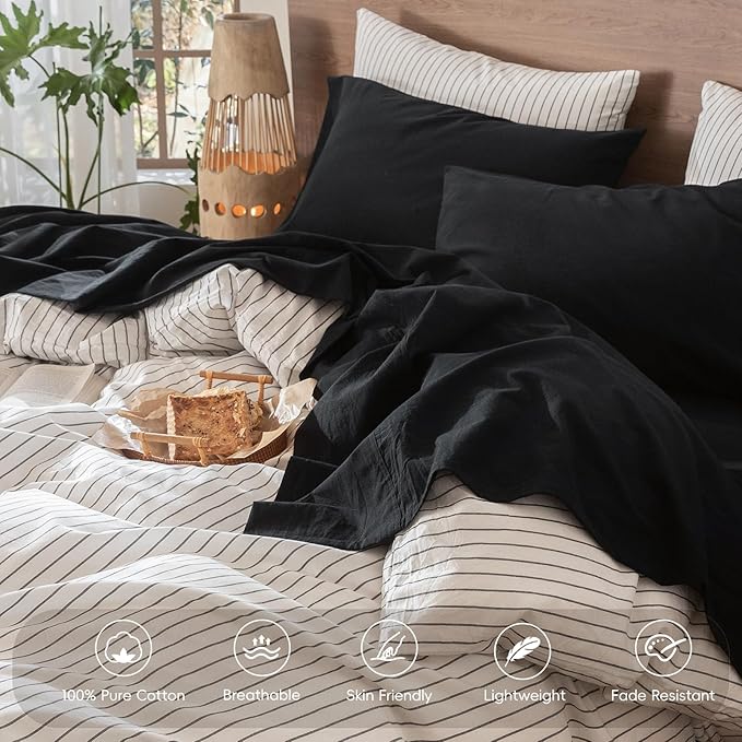 MooMee Bedding Sheet Set 100% Washed Cotton Linen Like Textured Breathable Durable Soft Comfy (Solid Black, Twin)