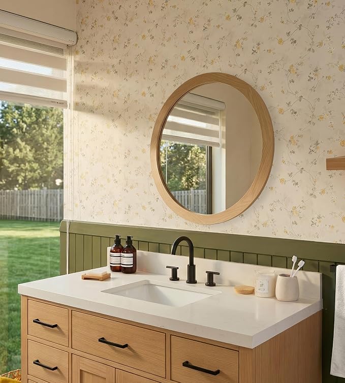 ARIEL Round Wooden Mirror 24" in Natural Oak, Wood Circle Wall Mirror for Bathroom, Vanity, Entryway & Living Room Decor, Farmhouse Style
