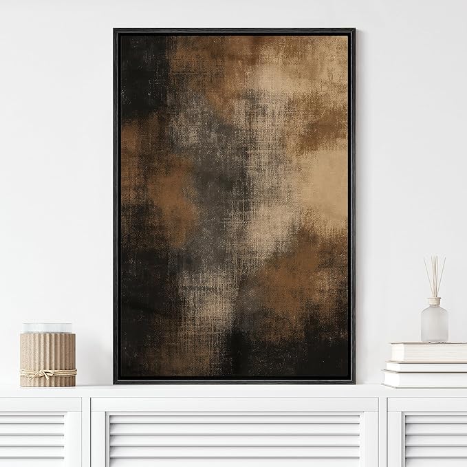 MUDECOR Framed Canvas Print Wall Art Rustic Brown Abstract Earthy Industrial Accent Illustrations Fine Art Decorative Zen Multicolor Country/Farmhouse Retro for Bedroom - 16"x24" BLACK