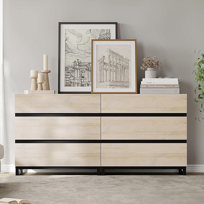 WAMPAT Dresser for Bedroom, Closet Organizers and Storage with 6 Drawers, Chest of Drawers with Metal Base, Modern Wood Dresser for Living Room, Bedroom,Light Oak