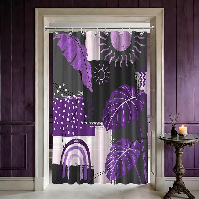 Small Stall Narrow Shower Curtain Purple and Gray Stand Up Dark Purple and Grey Abstract Shower Curtains for Rv Camper Bathroom Decor Sets, Waterproof Cloth Fabric with Hooks, 48 x 72 Inch
