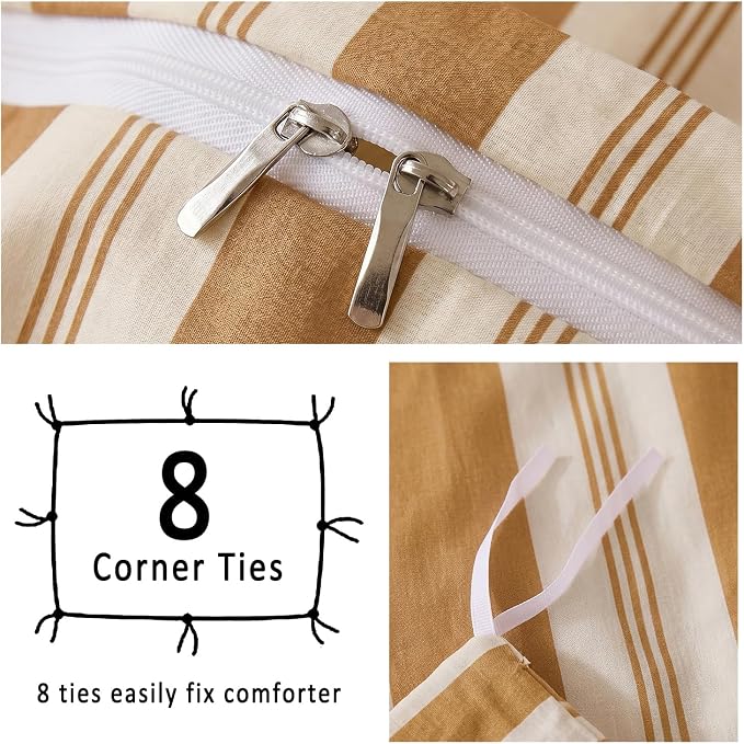Merryword Khaki Striped Duvet Cover Set King Size, 100% Cotton Bedding Set with Zipper Closure & 8 Corner Ties, Awning Stripe Bedding, Soft Breathable Comforter Cover for All Seasons