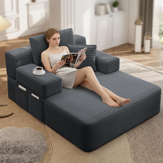 48.5" Oversized Chaise Lounge Chair Indoor, 3-in-1 Convertible Sleeper Sofa Bed, Plush Corduroy Boneless Chaise with 3 Pillows & Side Pockets, Adjustable Back/Armrest for Living Room - Dark Grey