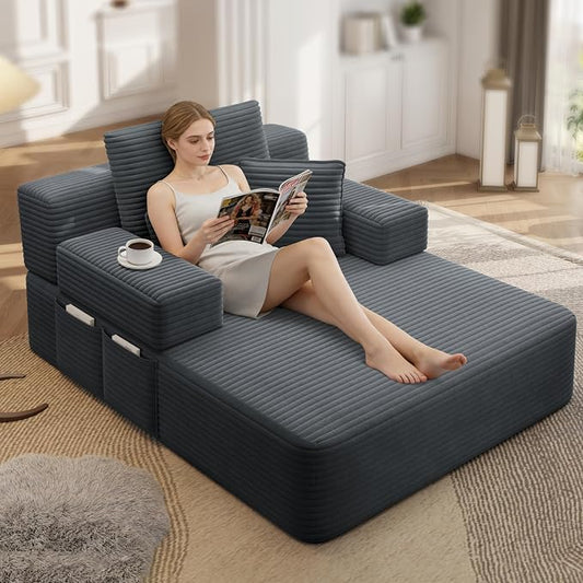 48.5" Oversized Chaise Lounge Chair Indoor, 3-in-1 Convertible Sleeper Sofa Bed, Plush Corduroy Boneless Chaise with 3 Pillows & Side Pockets, Adjustable Back/Armrest for Living Room - Dark Grey