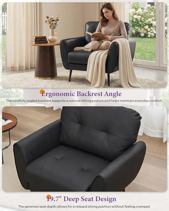 TYBOATLE Accent Chairs Set of 2, Comfy Modern Living Room Chair Black Leather Reading Accent Chairs Tufted Mid Century Arm Chair Small Salon Chair for Office Bedroom (2, Black)