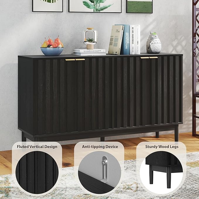 Fluted Cabinet with Storage, Small Buffet Cabinet Sideboard with Door, Kitchen Buffet Storage Accent Cabinets with Adjustable Shelves for Living Room, Entry, Hallway,Black