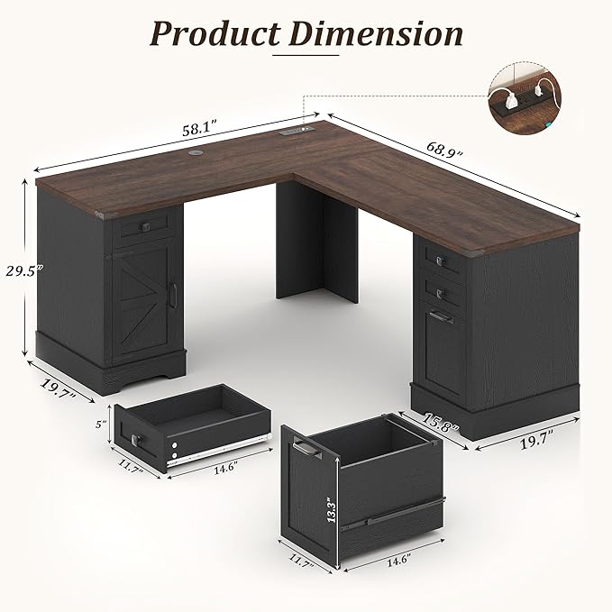Squireewo 68.9'' Farmhouse L Shaped Desk with Drawers, Wood Executive Home Office Desk with Charging Station, File Drawers and Storage Cabinet, Computer Corner Desk for Work, Study and Writing, Black