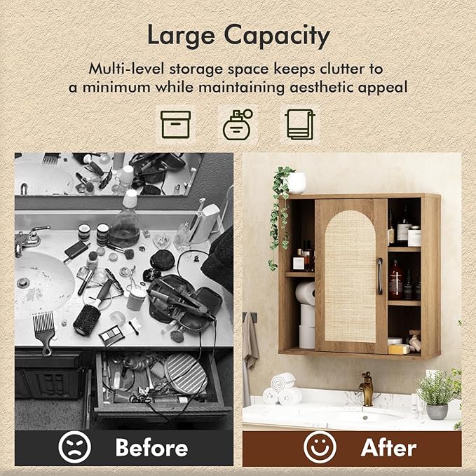 RUSTOWN Boho Rattan Wall Cabinet, Midcentury Bathroom Cabinet with Sliding Door, Adjustable Shelves, Over The Toilet Storage Cabinet (Rustic Oak)
