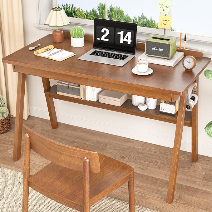 100% Solid Wood Desk with Drawers & Storage Shelf - 48 x 24 Inch Mid Century Modern Desks, Vintage Writing Desk with Deeper Desktop, Home Office Computer Desks for Bedroom & Home-Walnut Color
