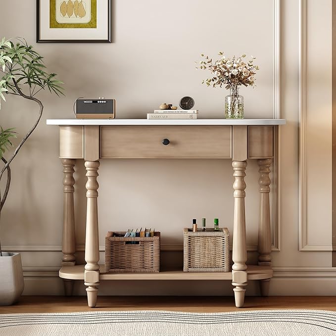 Retro Curved Console Table, 36" Solid Wood Half Moon Console Table Sofa Table Entryway Table with 1 Drawer 1 Open Shelf Roman Legs Curved Corners for Living Room,Entryway,Hallway,White+Beige