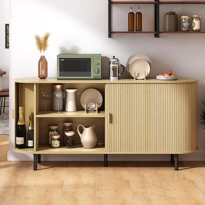 ONBRILL 63" Sideboard Buffet Cabinet with Storage, Storage Cabinet with Sliding Door & Adjustable Shelf, Modern Accent Coffee Bar Console Table for Kitchen, Entryway, Oak