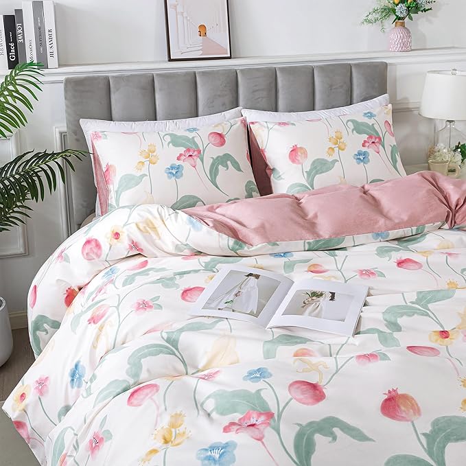 HoneiLife Cotton Duvet Cover King - Fruits Comforter Cover 3-PC, Botanical Bedlinen Set with Zipper Closure & Corner Ties, Pomegranate Comforter Cover Sets