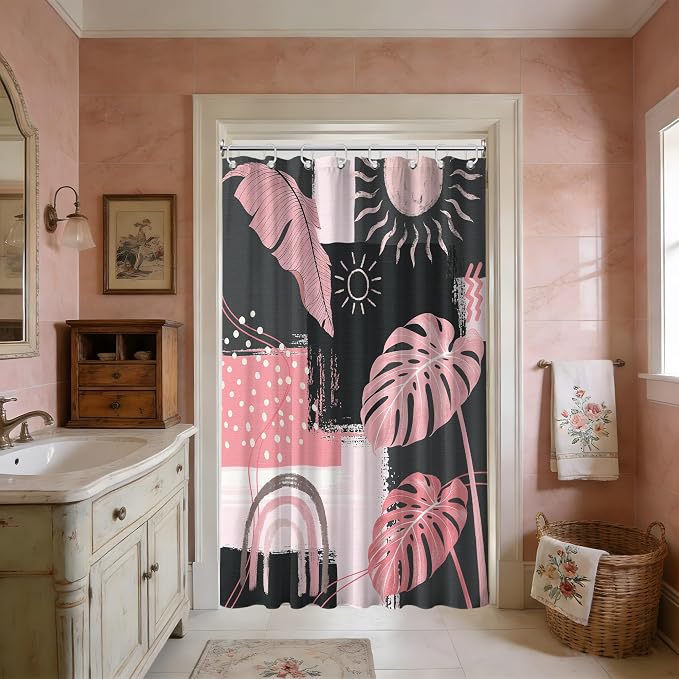 Small Stall Narrow Shower Curtain Pink and Gray Stand Up Abstract Grey Bohemian Shower Curtains for Rv Camper Bathroom Decor Sets, Waterproof Cloth Fabric with Hooks, 36 x 72 Inch