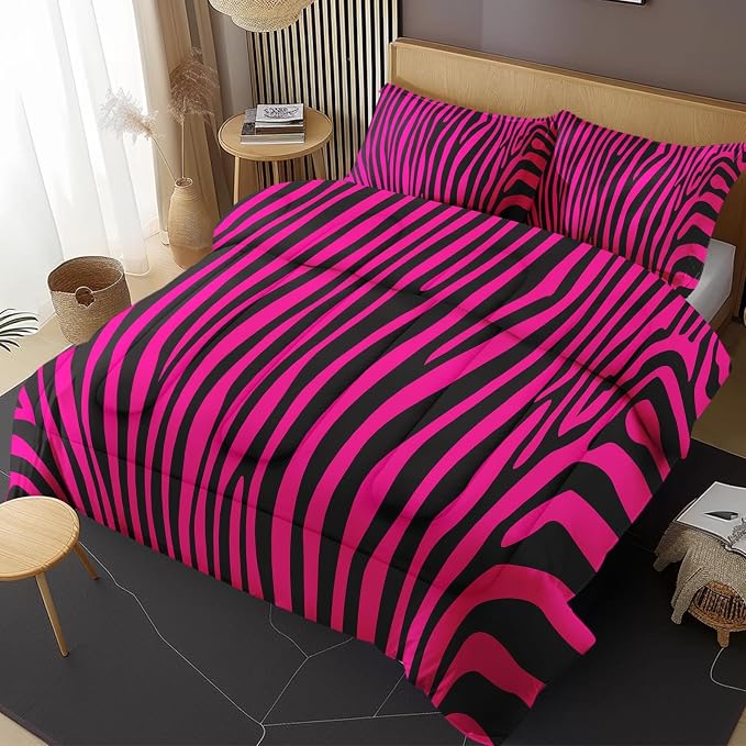 Comforter Set with 2 Pillowcases King Size, Hot Pink Zebra Print Line Abstract, Bed Decor African Wildlife Black Striped Animal Jungle for Kids and Adults, Soft Cozy Bedroom Bedding Set