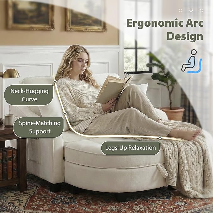 Round Chaise Lounge Chair with Storage Ottoman, Oversized Bubble Chair and a Half Featuring Adjustable Backrest, Plush Reading Accent Chair and Ottoman Set for Bedroom, Light Beige