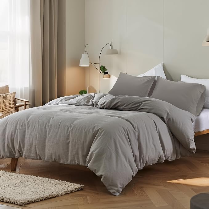 FALUCA French Linen Blend Duvet Cover Set 3Pcs Queen (88"x92") - Soft, Breathable, Cooling Farmhouse Bedding for Hot Sleeper (Queen, Light Grey)