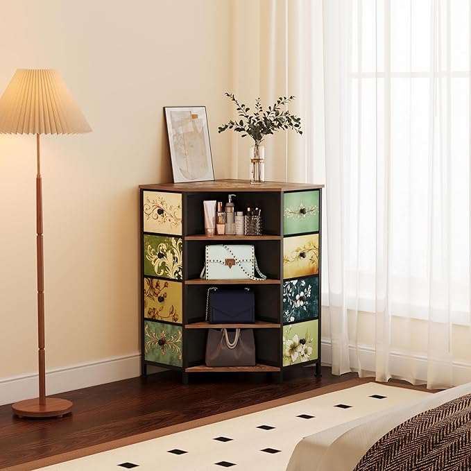 LUMTOK 8 Drawers Corner Dresser with Storage Fabric Drawers and Open Shelves for Small Space，Bedroom，Entryway，Living Room (Retro Pattern)