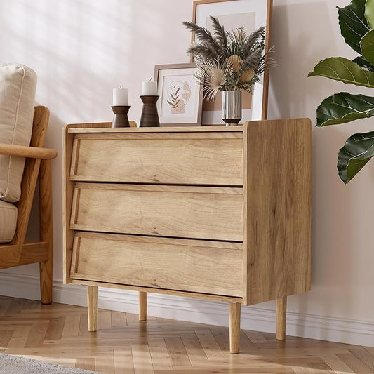 3 Drawers Dresser, 31.5'' W Mid- Century Modern Wooden Chest of Drawers, Large Night Stands Organizer for Bedroom, Closet, Hallway, Entryway, Natrual Wood Color