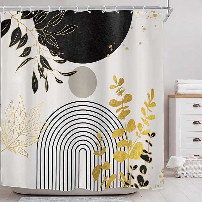 Riyidecor Black Gold Mid Century Modern Shower Curtain for Bathroom Decor 72Wx72H Boho Abstract Gold Leaves Minimalist Geometric Arch Sun Art Printed Fabric Polyester Waterproof 12 Pack Plastic Hooks