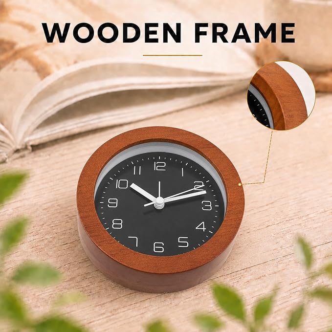 Analog Alarm Clock 5" Silent Non-Ticking Small Solid Wood Desk Clocks Battery Operated Simple Style Retro Table Clock for Office/Bedroom/Kitchen/School/Bedside/Shelf (Dark Wood, Circular)