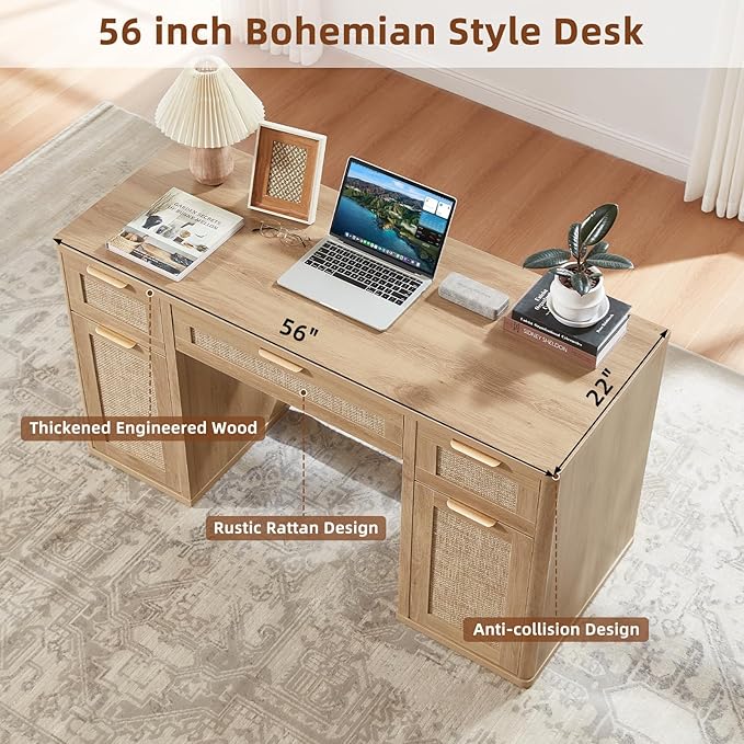 LEYAOYAO 56'' Rattan Farmhouse Executive Desk with Drawers, Wood Home Office Desk with File Cabinet and Metal Handles, Large Vintage Computer Desk for Home, Bedroom, Living Room （Natural）