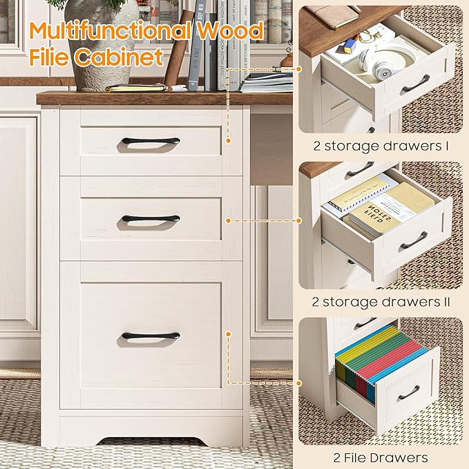 Vabches Farmhouse 59" L-Shaped Executive Desk with 2 File Drawers 4 Storage Drawers, Wood Corner Computer Desk Sturdy Writing Workstation with 6 Drawers, Computer Writing Desk for Home Office，White