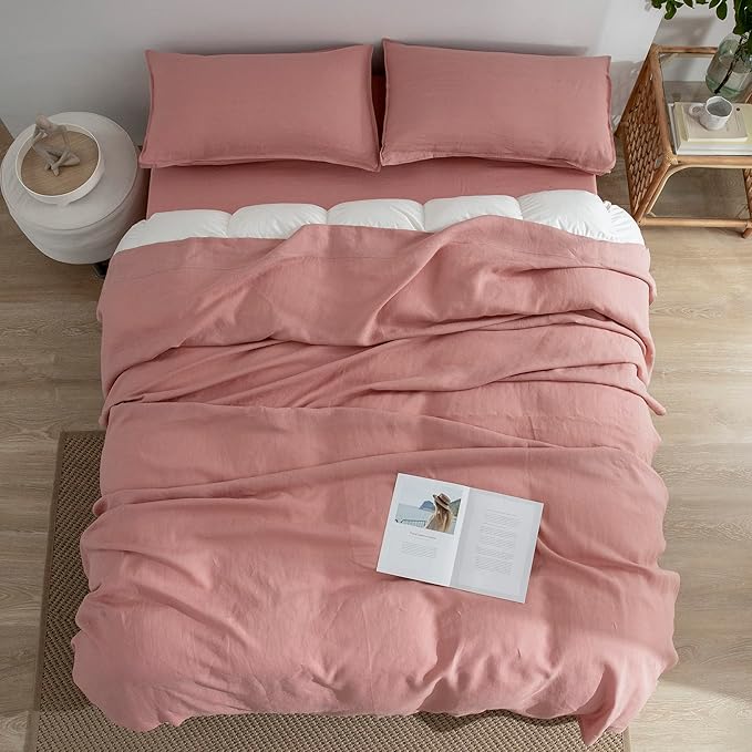 EVERLY Linen Twin Sheets Set, 100% Stonewashed French Linen Bed Sheets Deep Pocket Sheets, 3 Pieces (1 Flat Sheet, 1 Fitted Sheet, 1 Pillowcase) Natural Flax Bedding Set,Pink