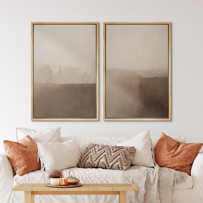 IDEA4WALL Framed Canvas Print Wall Art Set Minimalist Brown Watercolor Landscape Neutral Illustrations Modern Art Decorative Bohemian Calm/Zen for Living Room, Bedroom, Office - 24"x36"x2 Natural