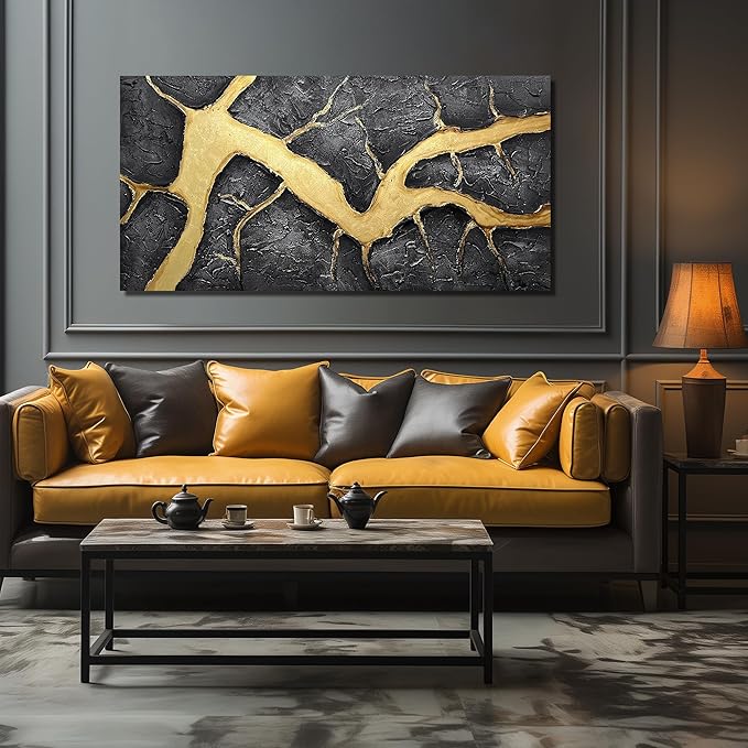 DNIEOTU Hand Painted Abstract Wall Art for Living Room, Black and Gold Canvas Wall-Decor for Bedroom, 3D Textured Paintings for Hallway Office, Large Size 59 x 29 Inches