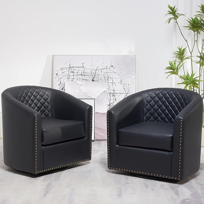KINWELL 29" Wide Tufted Faux Leather Swivel Barrel Chair Set of 2, PU Leather Modern Upholstered Accent Chairs with Nailhead Trim, Small Armchair for Living Room Bedroom, Black