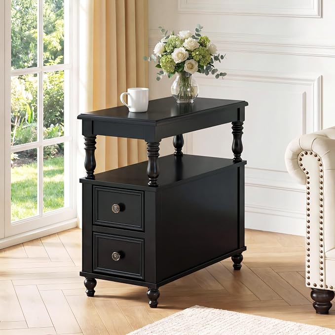 Tribesigns Solid Wood End Table, Vintage Side Table with 2 Drawers & 2-Tier Open Shelf, Mid-Century Nightstand, Slim Bedside Table for Small Space, Bedroom, Living Room, Black