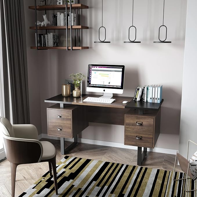 Computer Desk with Drawers 59" L Contemporary Home Office Laptop Desk with Floating Desktop and 4 Storage Drawers Vintage Study Gaming Table with Metal Frame Black & Walnut CTSZ20401WACM
