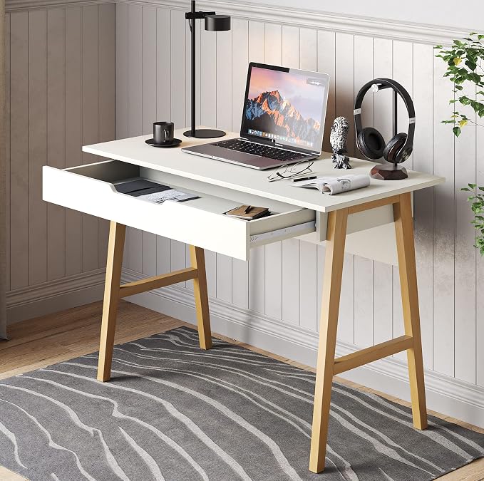 Modern Design Parma Small Desk for Bedroom, White Writing Desk 42 Inch with Drawer, by Crafts and Comfort