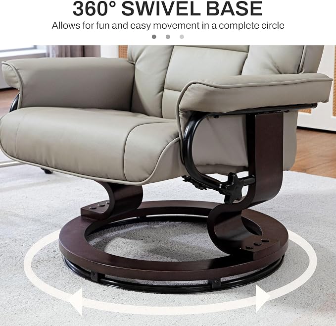 HOMCOM Faux Leather Reclining Chair, Swivel Ottoman Chair, Recliner with Ottoman with High Back and Wood Frame for Living Room, Gray