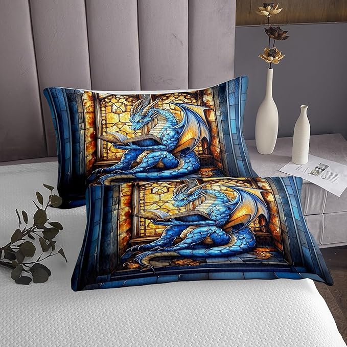 Western Dragon Kids Bedspread King Size,Blue Dragon Reading Book Bookshelf Coverlet Set,Boys Girls Room Decor,Geometric Patchwork Abstract Quilted Coverlet,Trippy Chic Bedding Quilt,2 Pillowcases