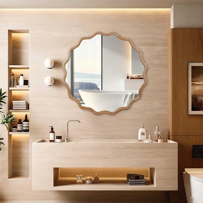 36 Inch Wooden Wavy Round Wall Mirror, Modern Solid Wood Frame Circle Decorative Accent Mirror for Bedroom, Bathroom, Living Room, Entryway, Natural Wood Color