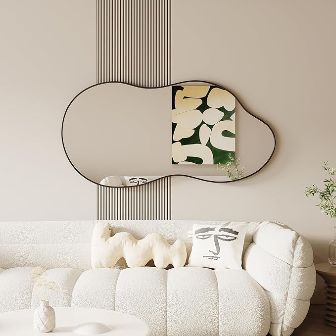 Irregular Wall Mirror - 28''×55'' Asymmetrical Decorative Tempered Glass Aluminum Alloy Framed Mirrors Cloud Mirror Wavy Mirrors for Bathroom, Bedroom, Living Room, Entryway（Black）