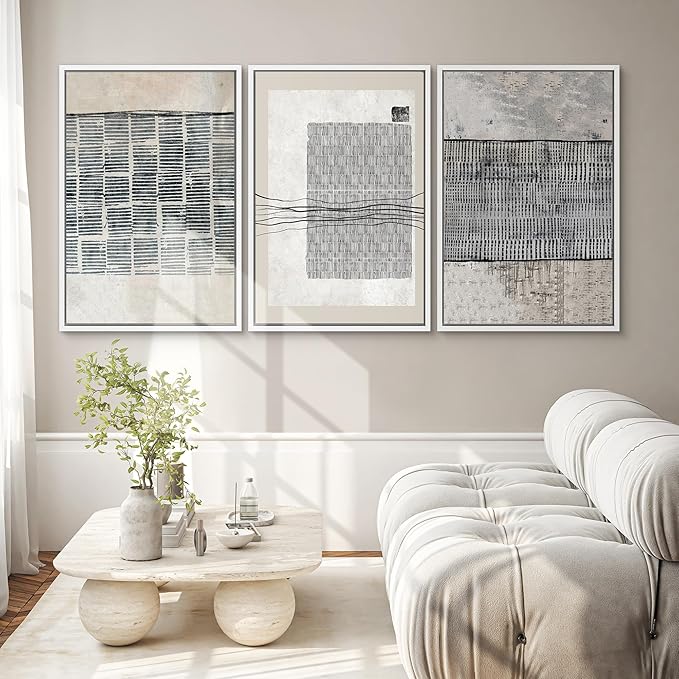 SIGNWIN Framed Canvas Print Wall Art Set Black Tan Industrial Line Art Pattern Abstract Shapes Cozy Neutral Decorative Contemporary Minimal for Living Room, Bedroom, Office - 24"x36"x3 White