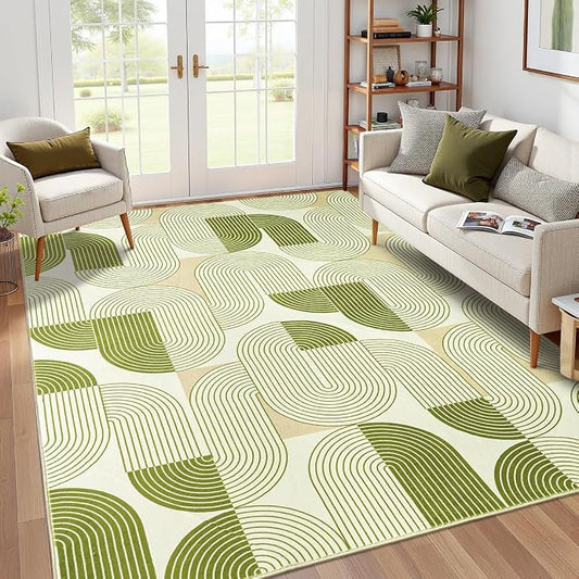9x12 Area Rugs for Living Room, Washable Green Rug for Bedroom, Soft Mid Century Modern Rug, Non Slip Indoor Floor Low Pile Abstract Carpet for Dining Room Nursery Office Home