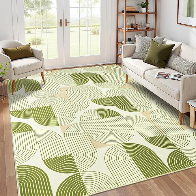 Rugs for Living Room, Soft Green Area Rug for Bedroom 5x7, Washable Mid Century Modern Rug, Non Slip Indoor Floor Boho Low Pile Abstract Carpet for Dining Room Nursery Office Home