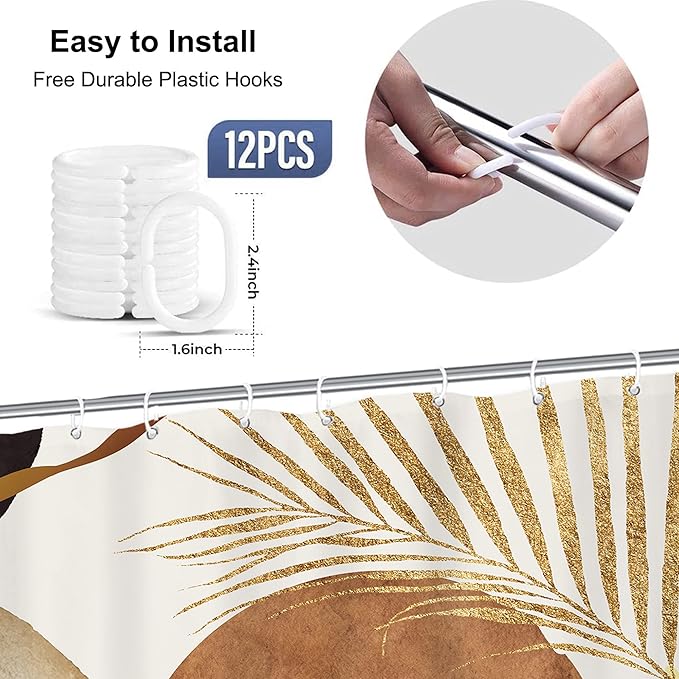 Yookeb Abstract Mid Century Bathroom Shower Curtain 71W by 71H Inch Modern Plant Monstera Neutral Minimalist Brown Leaves Aesthetic Polyester Fabric 12 Plastic Hooks Waterproof Decor