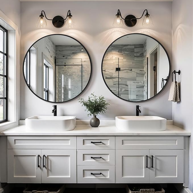 Round Bathroom Mirror for Wall, 2 Pack 26 inch Circle Bathroom Mirrors for Over Sink, Modern Circular Metal Frame for Vanity, Entryway, Bedroom, Living Room(Black)