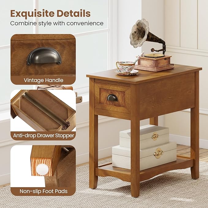 Giantex End Table with Drawer, Retro Narrow Side Table, Nightstand with Solid Wood & Storage Shelf, Bedside Table for Living Room Bedroom Small Space Home Office (1, Tawny)