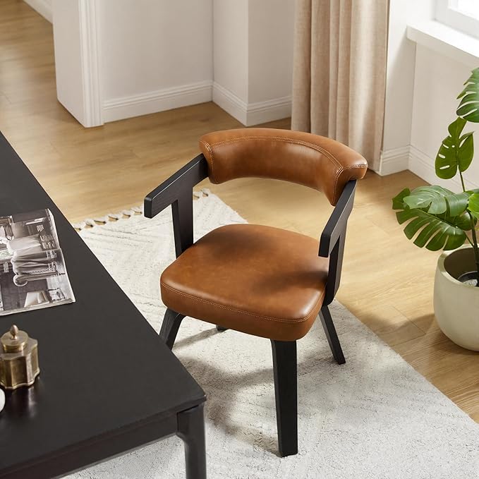 Art Leon Home Office Desk Chair - Mid Century Modern Chair, Faux Leather Office Chair No Wheels, Comfy Accent Arm Chair with Wood Legs for Small Spaces Living Room Bedroom Study, Black/Walnut