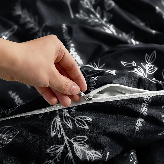 MUXHOMO Duvet Cover Full Size, Reversible Floral Black Duvet Cover Set with Zipper Closure, 3 Pieces Botanical Patterns Soft Microfiber Bedding Set with 4 Ties (80"x90", 2 Pillow Cases)