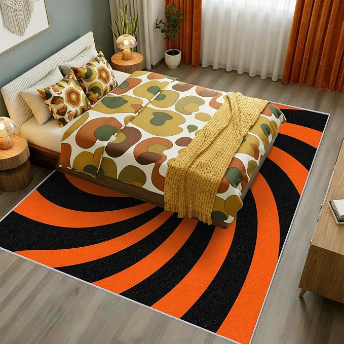 70s Rug 4x6 Swirl Abstract Black Orange Striped Pattern Area Rugs for Living Room, Bedroom, 70s Home Decor Accessories Indoor Carpet, Non Slip & Machine Washable, GD0375
