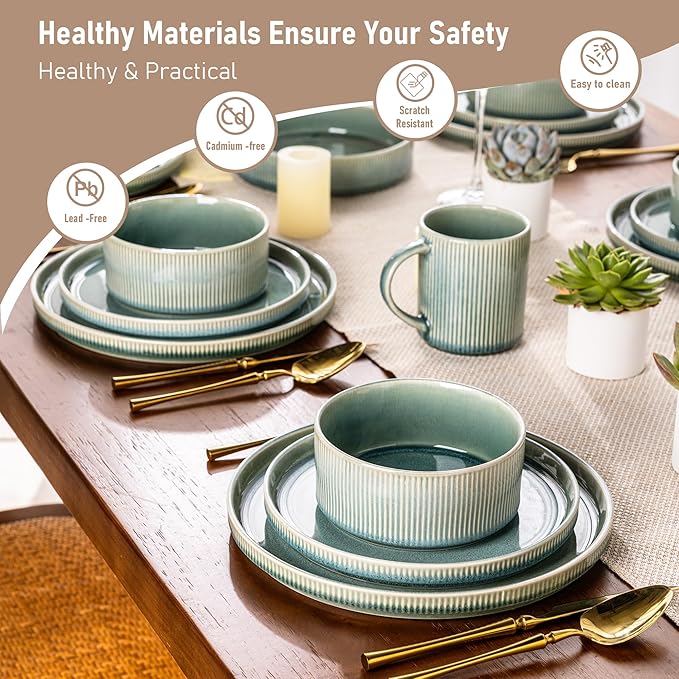 GBHOME 12-Piece Stoneware Dinnerware Set for 4 – Ribbed Ceramic Plates and Bowls, Scratch-Resistant, Microwave & Dishwasher Safe, Reactive Glaze, Malachite Green