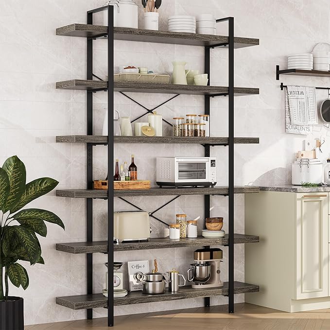 Heavy Duty 6-Tier Industrial Bookcase, 47" Wide Wood Bookshelf for Home Office, 120lbs Shelf Capacity, Rustic Open Shelving Display with Reinforced Horizontal Shelf for Living Room Bedroom, Grey