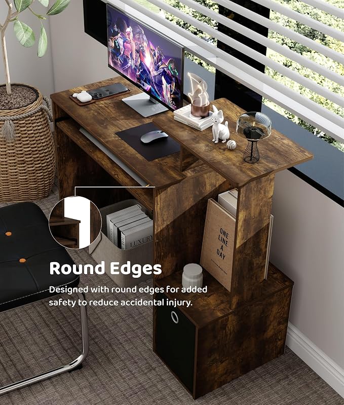 Small Computer Desk with Drawers, Wood Writing Desk with Storage Shelves for Home Office Bedroom Living Room, Walnut/Black