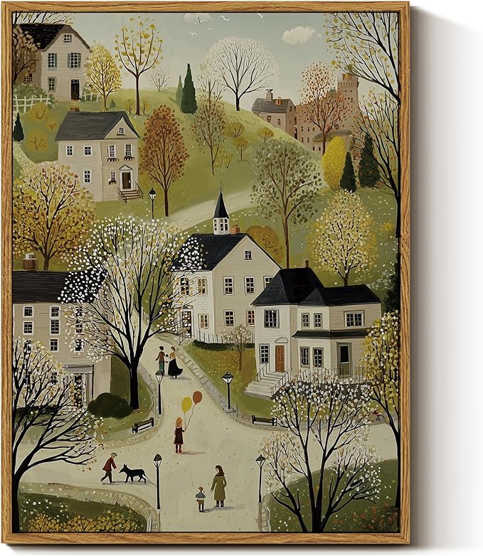 InSimSea Vintage Framed Folk Wall Art, Village Quaint Town Landscape Canvas Painting, Waterproof Moisture-Resistant Home Decor for Living Room Bedroom and Office 12x16 Inch
